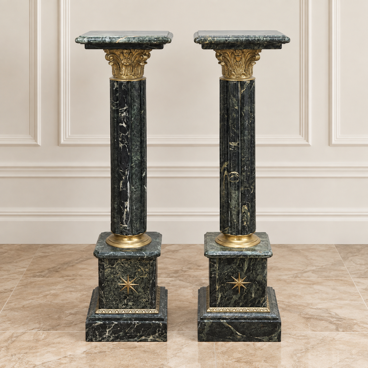 Neoclassical Marble Pedestal – Green Marble Column with Gold Leaf & Bronze Details