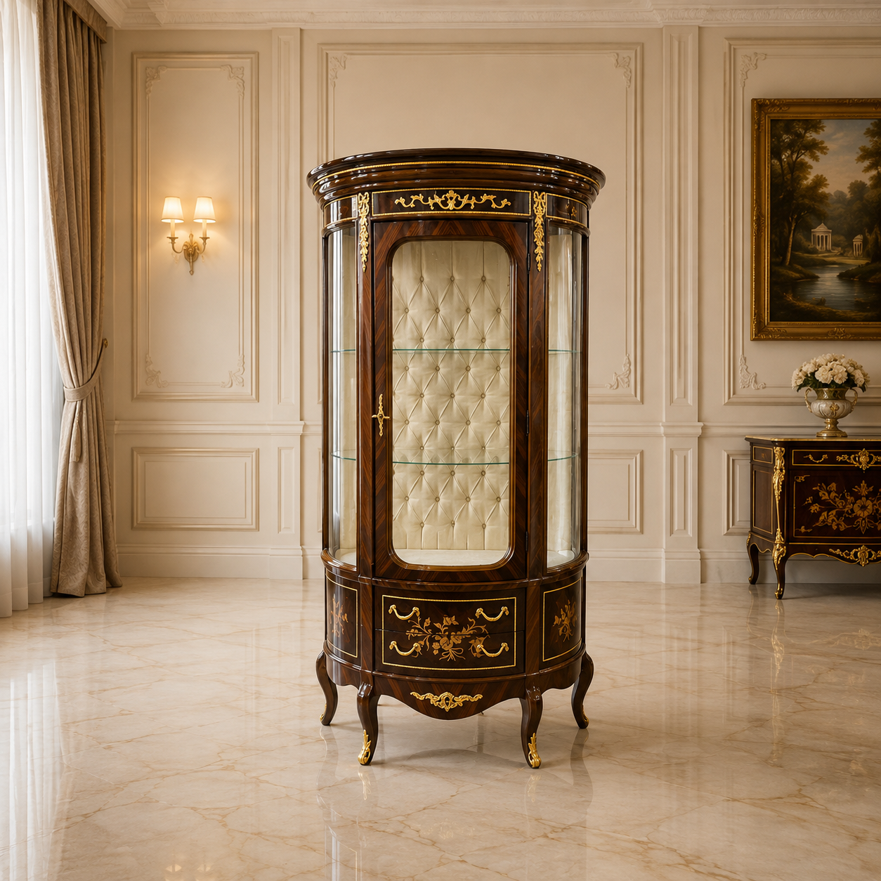 French Rococo Curio Cabinet – Ornate Gold Leaf Display Case with White Tufted Velvet Interior
