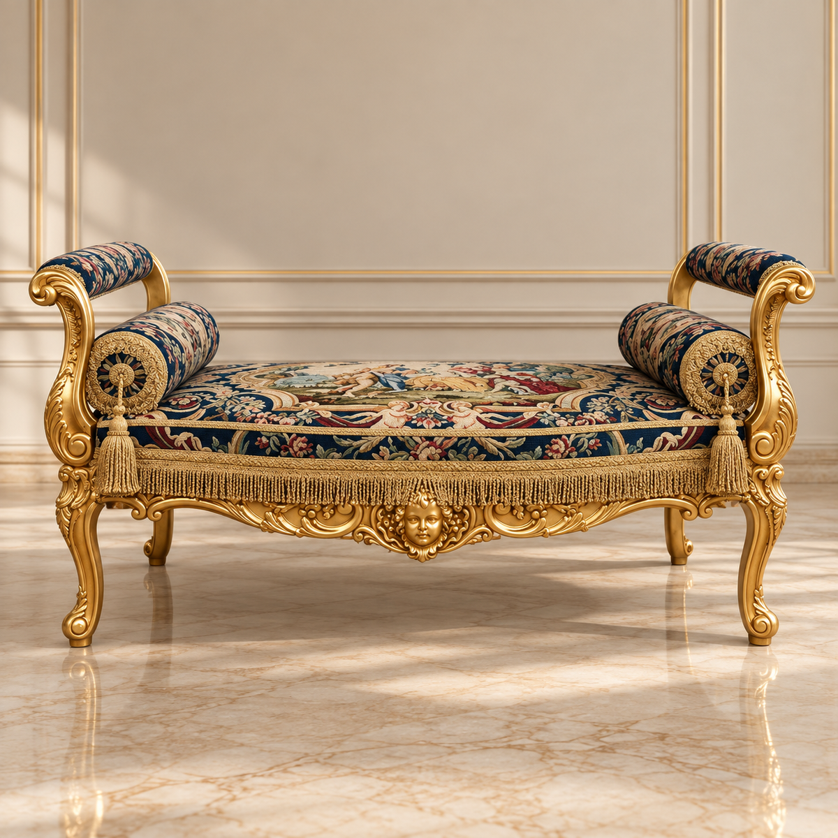 French-Style Rococo Settee – Floral Damask Upholstery, Ornate Gold Leaf Frame & Tassel Trim