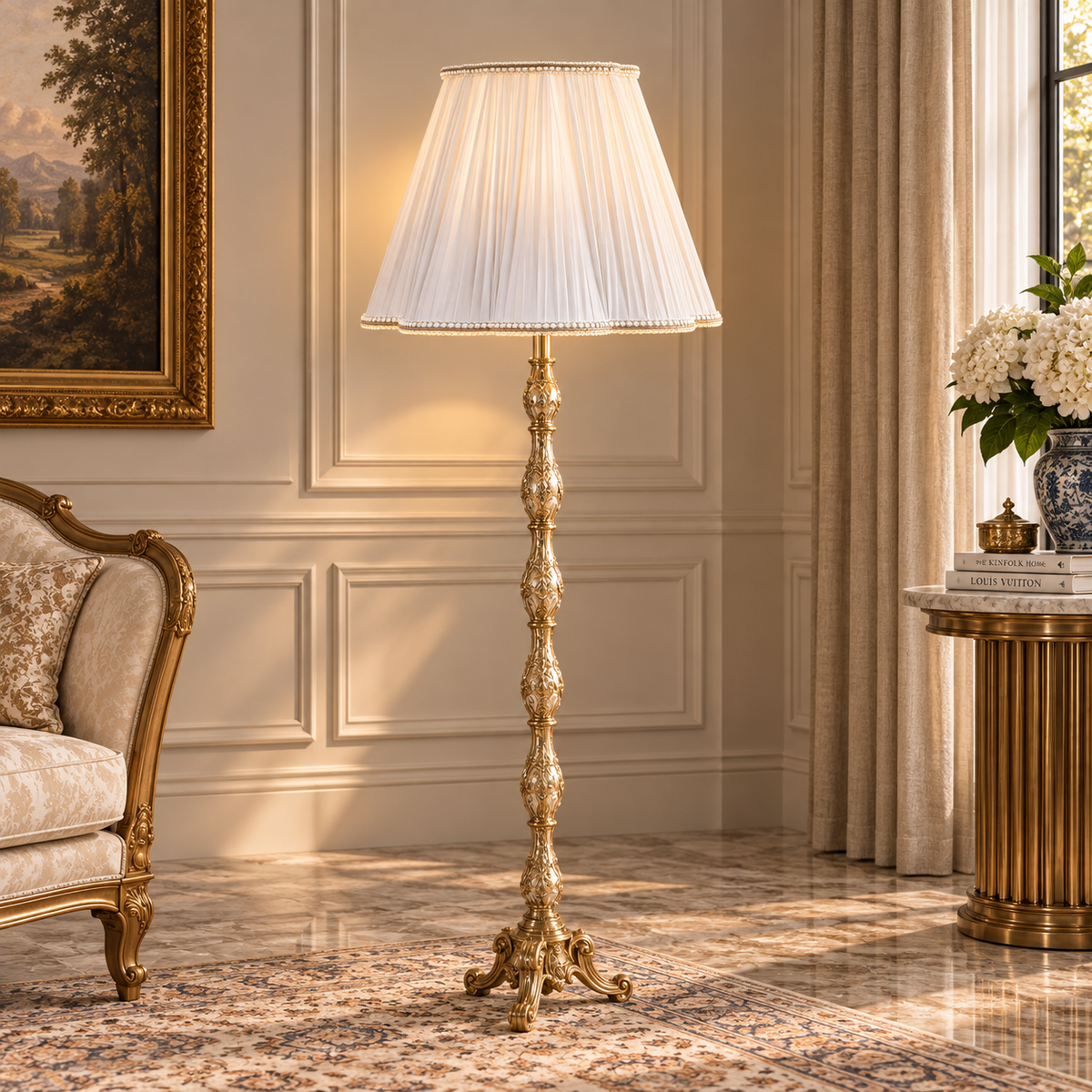 French-Style Gilded Floor Lamp – Ornate Gold Leaf Stand with Pleated Ivory Fabric Shade
