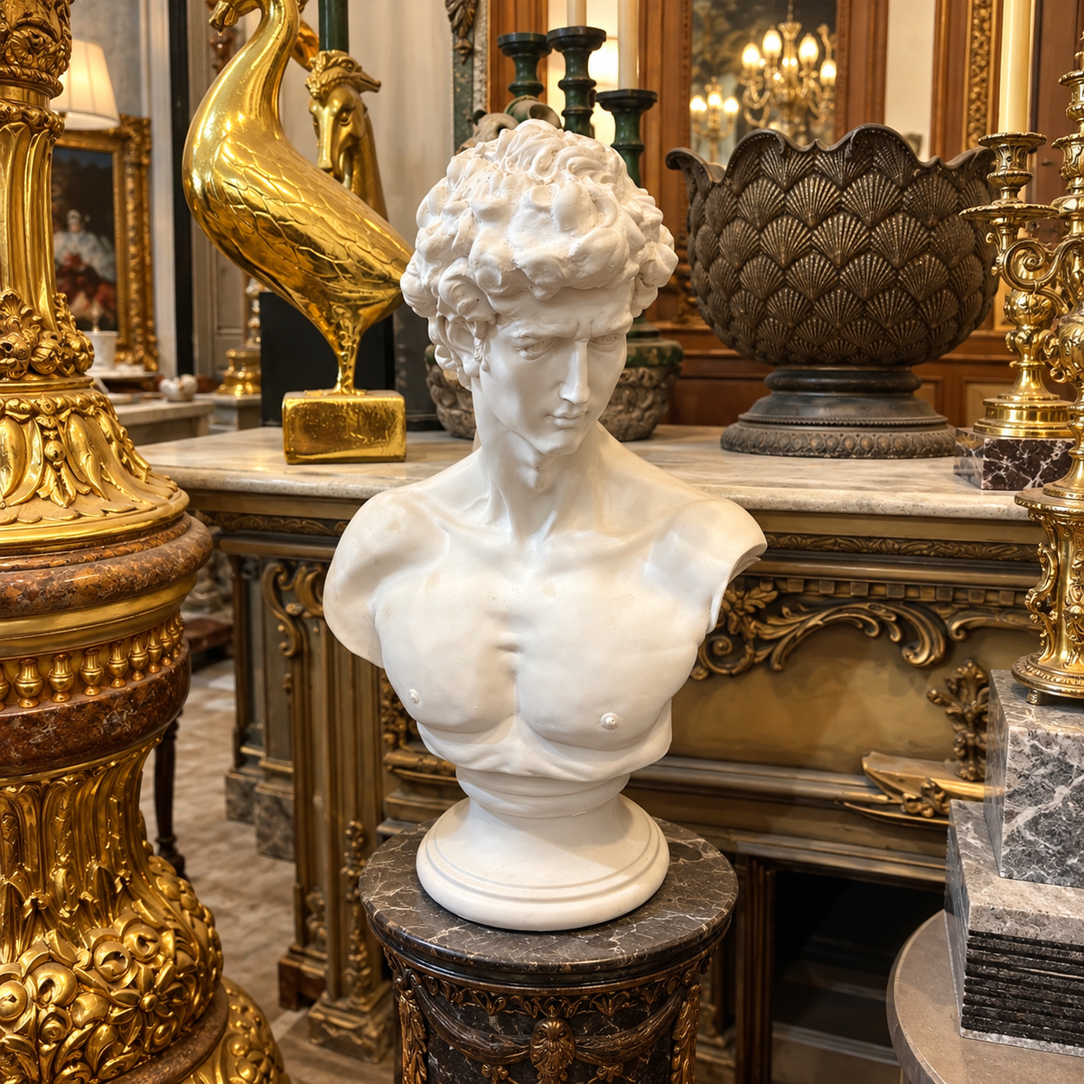 Classical Marble Bust of David – Sculpted Male Figure with Curly Hair and Timeless Greek-Inspired Elegance