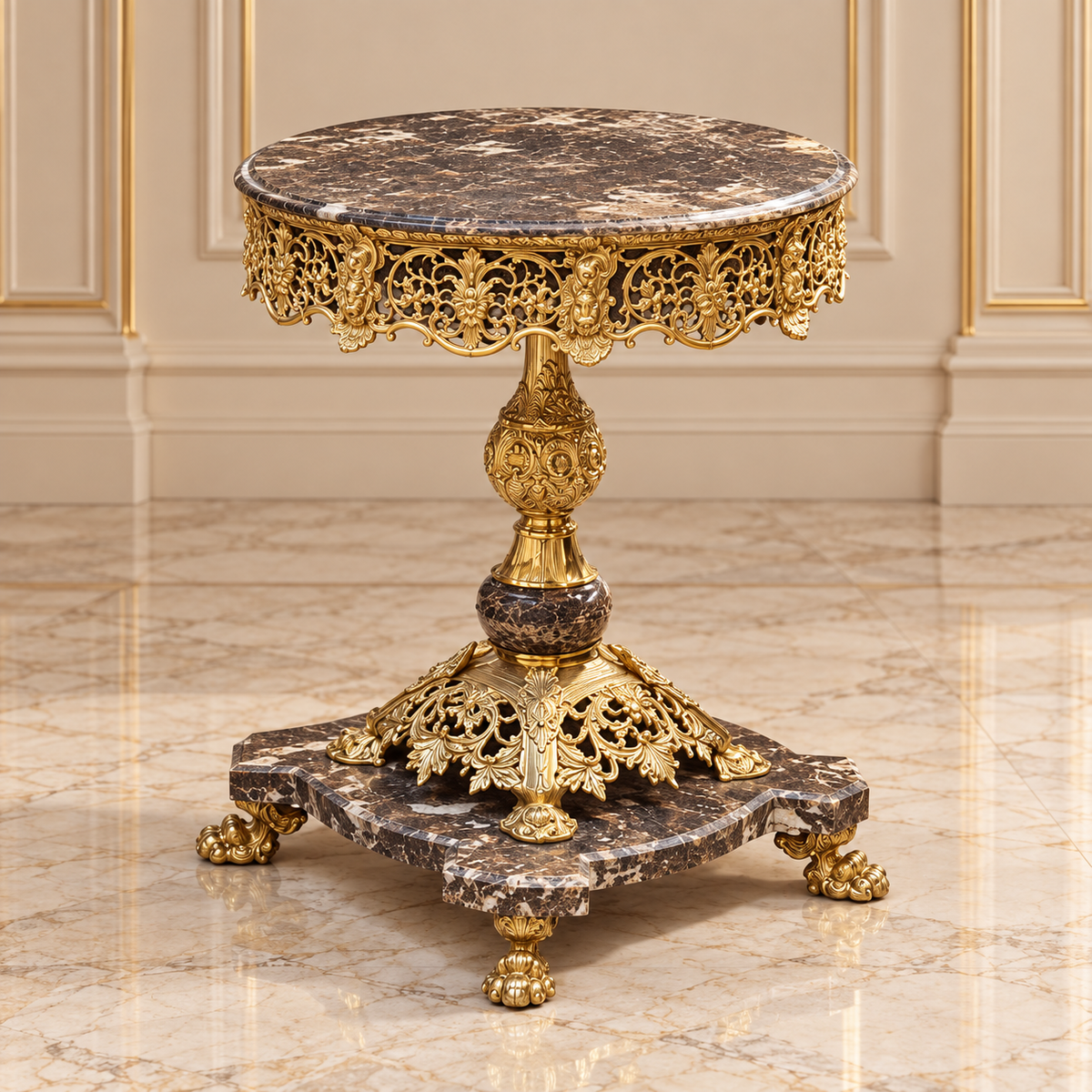 French Rococo Marble Accent Table – Ornate Gold Leaf & Bronze Details with Elegant Curved Design