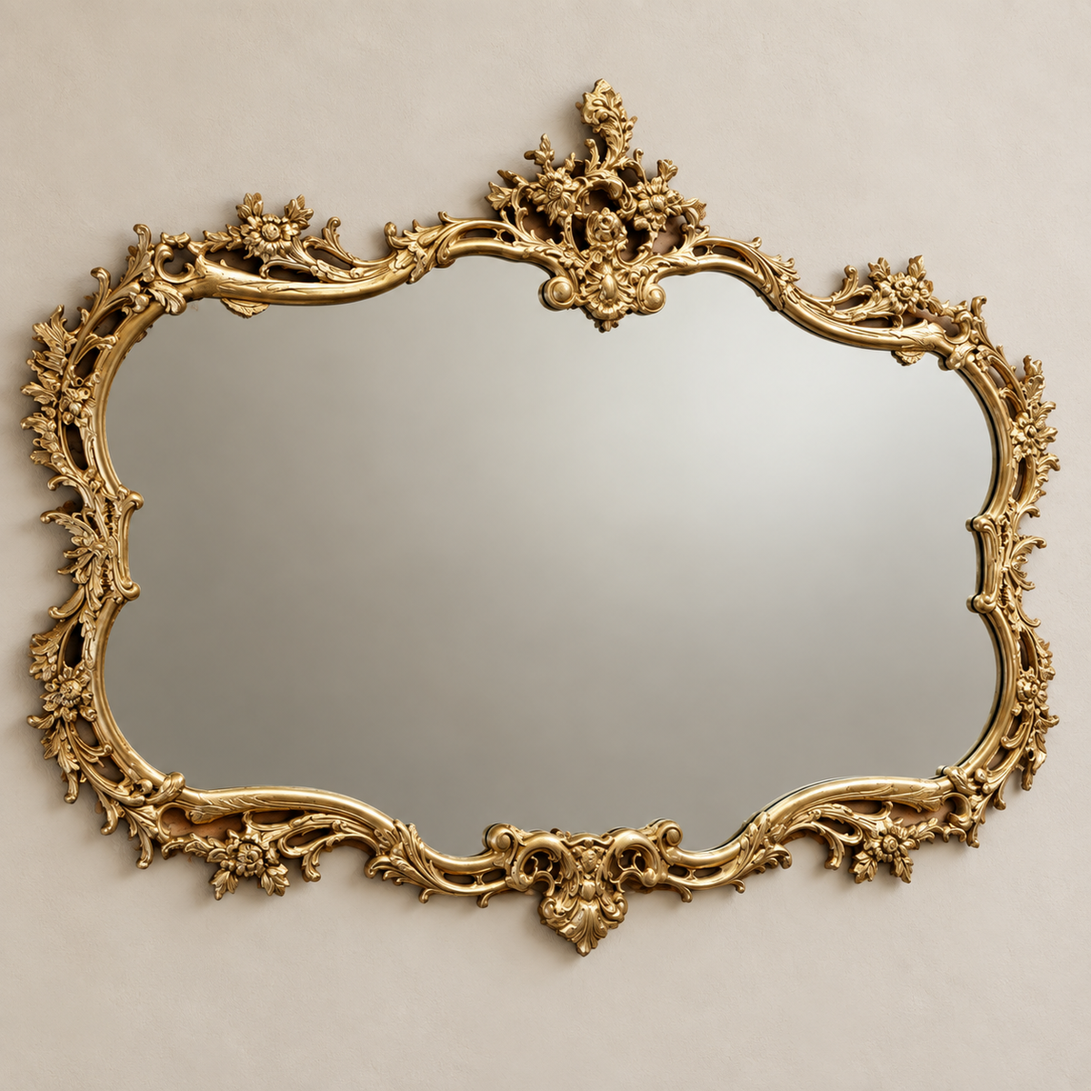 French Rococo-Inspired Wall Mirror – Ornate Gold Leaf Frame with Floral Carved Details