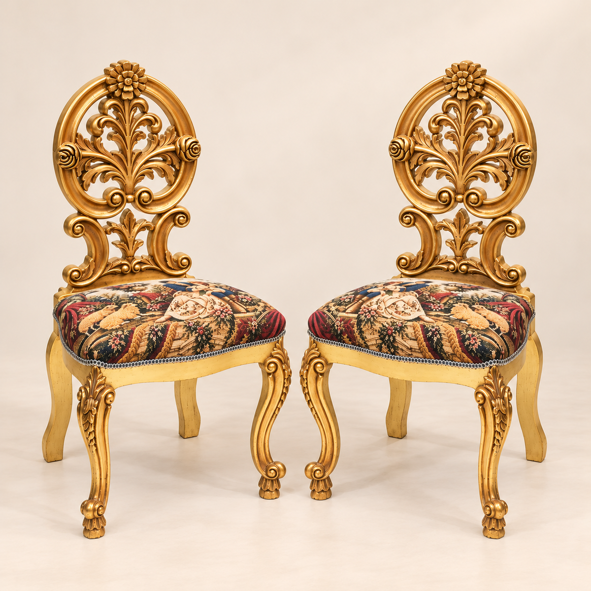 Set of 2 French Rococo-Inspired Accent Chairs – Gold Leaf Frames, Sculpted Floral Crests & Pastoral Tapestry Upholstery