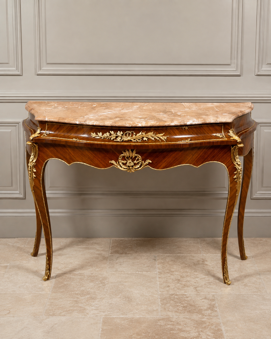 French Louis XV Style Console Table – Marble Top, Rich Wood Finish & Gilded Bronze Details
