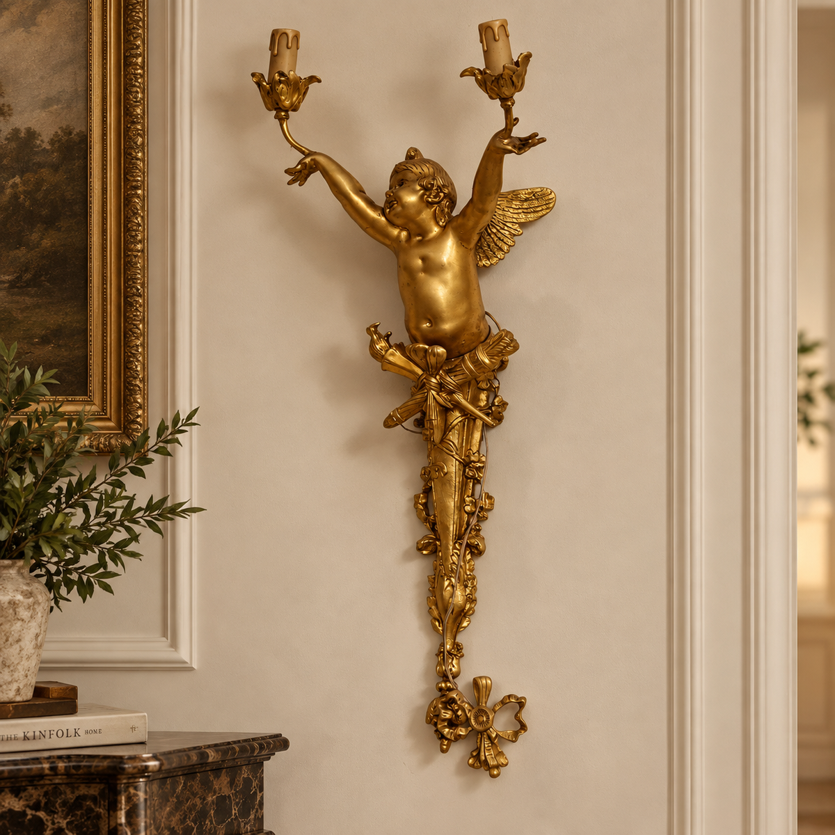 French Rococo Cherub Wall Sconce – Gilded Bronze & Gold Leaf Two-Light Decorative Applique