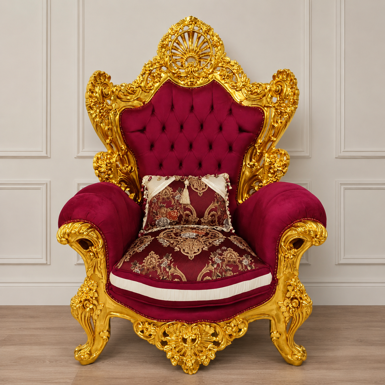 Burgundy Velvet Throne Chair – Hand-Carved French Baroque Armchair with Gold Leaf Frame