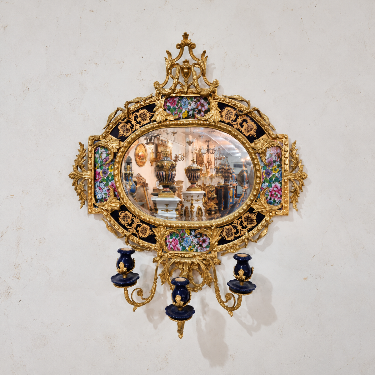 The Gilded Floral Radiance – French Rococo Wall Mirror with Porcelain Floral Panels & Three Candle Lights