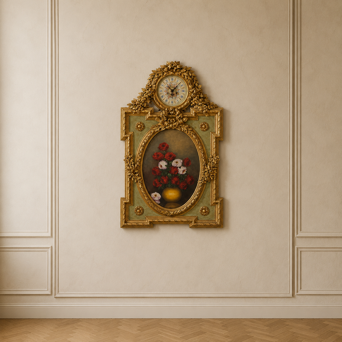 French-Style Floral Wall Clock with Gold Leaf Frame – Rose Still Life