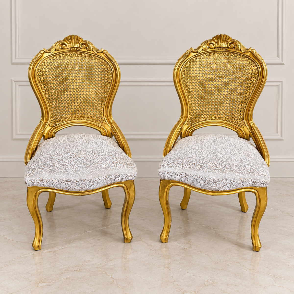 French-Style Side Chairs – Gold Leaf Carved Frames with Woven Backs & Ivory Upholstery, Set of 2