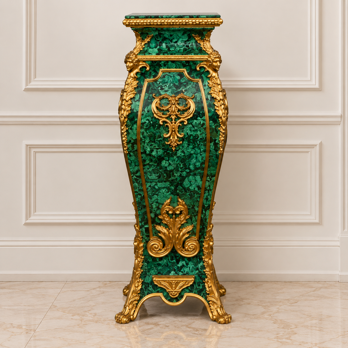 French Rococo-Style Green Pedestal – Ornate Gold Leaf & Bronze Details with Marbleized Finish