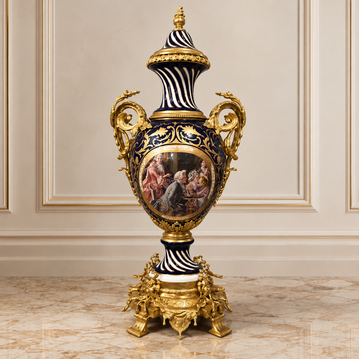 French-Style Navy Blue Porcelain Vase – Romantic Scenic Panel with Gold Leaf & Bronze Details