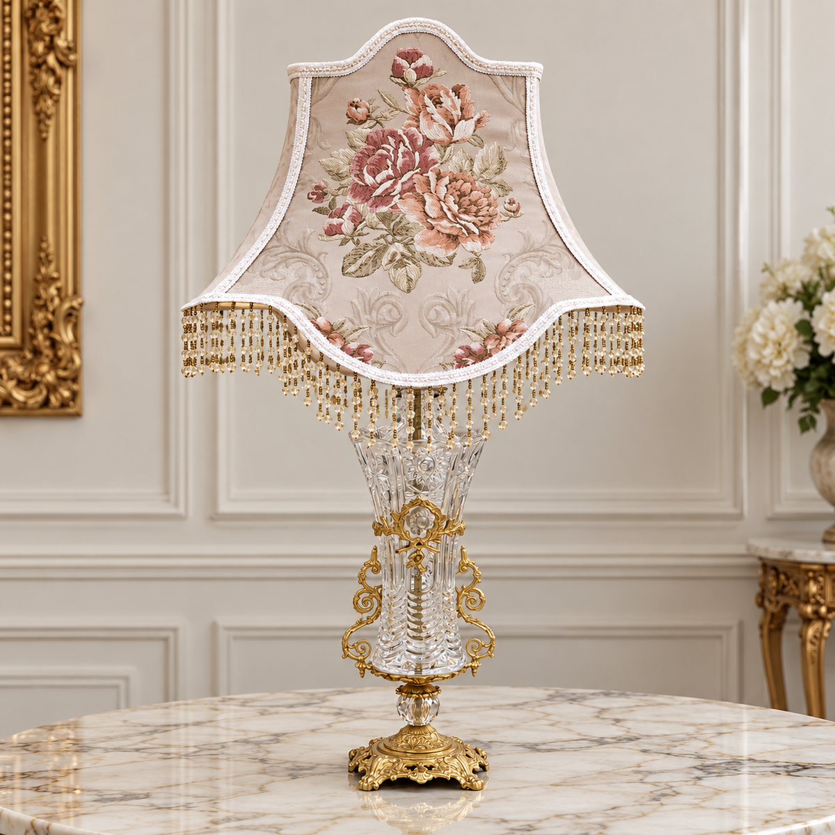 French-Style Crystal Table Lamp – Blush Pink Shade, Gilded Gold Leaf & Hanging Crystal Accents