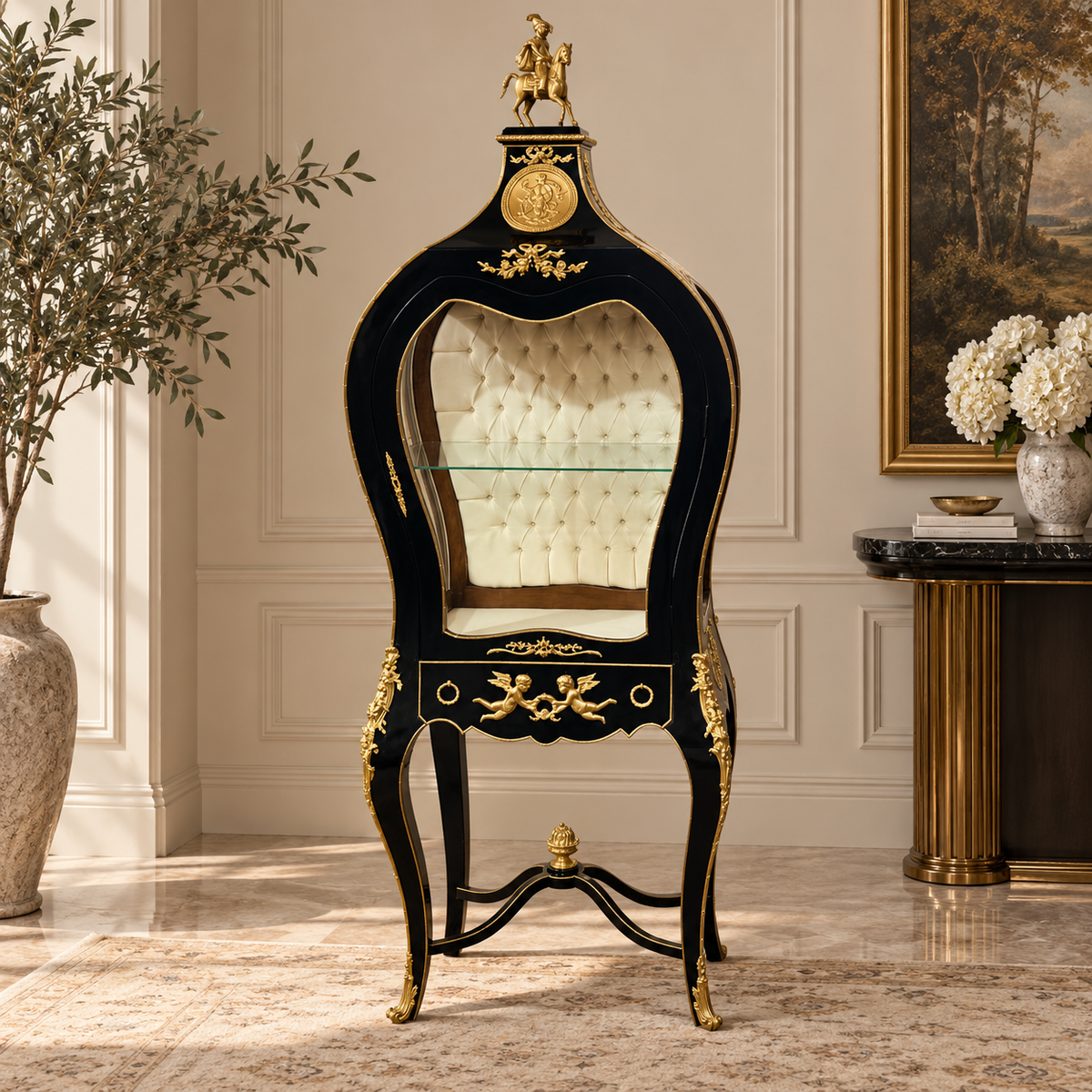 Gothic-Inspired French Display Vitrine – Black Finish, White Tufted Velvet Interior & Gold Leaf Details