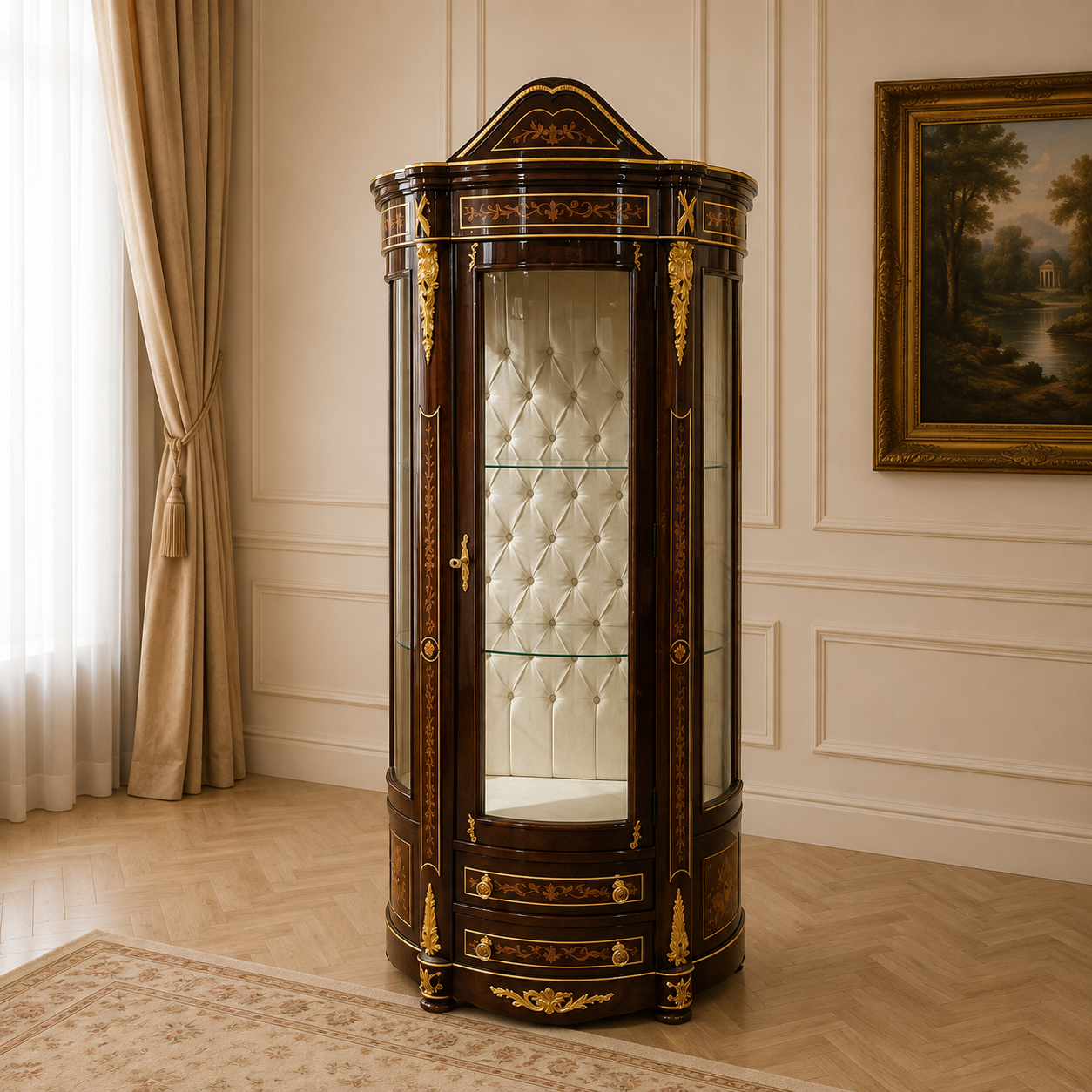 Grand French Louis XV Display Vitrine Cabinet – Ornate Wood Curio with Glass, Velvet Interior & Gold Leaf Details