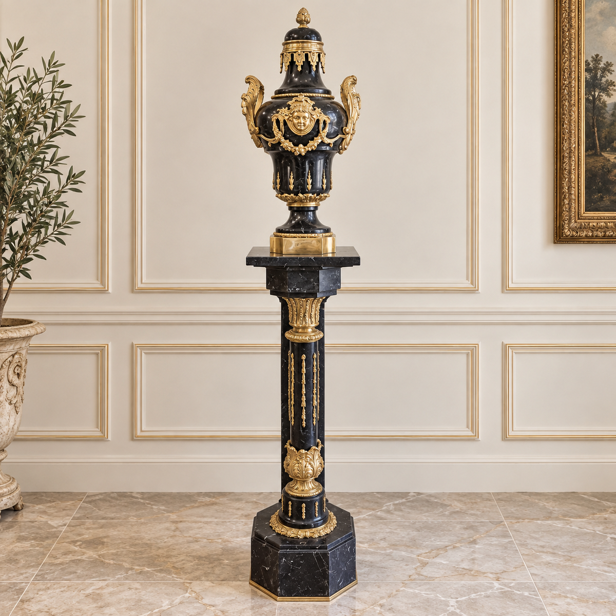 French Empire Style Black Marble Pedestal with Porcelain Urn, Bronze Mounts, Gold Leaf and Sculpted Details