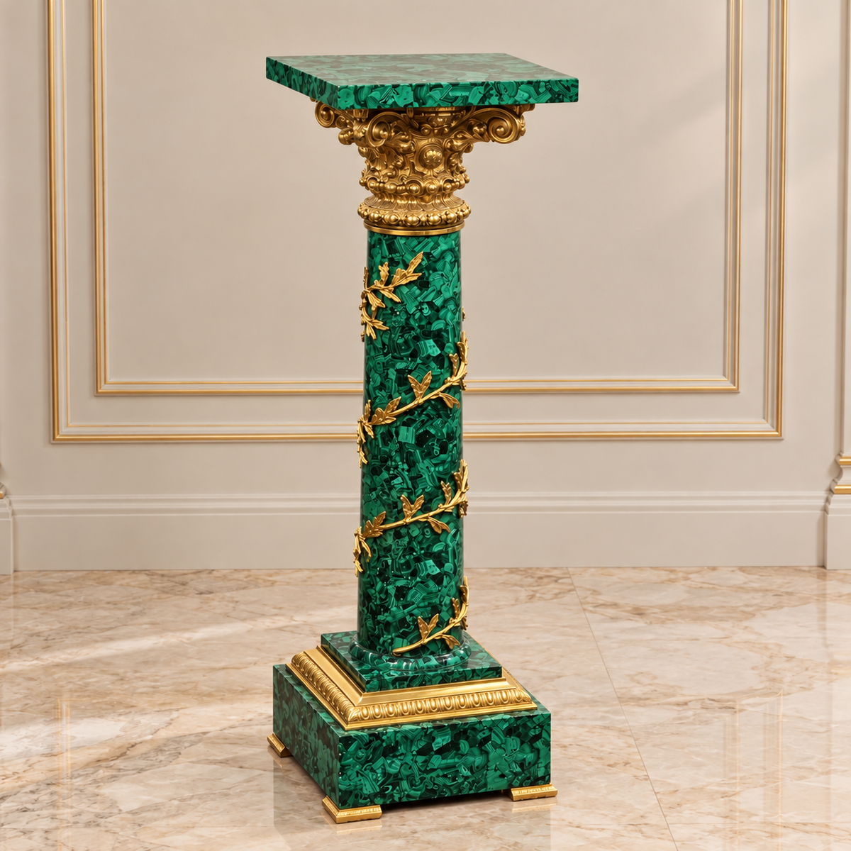 French Rococo-Style Green Pedestal – Gilded Gold Leaf Details with Ornate Display Top