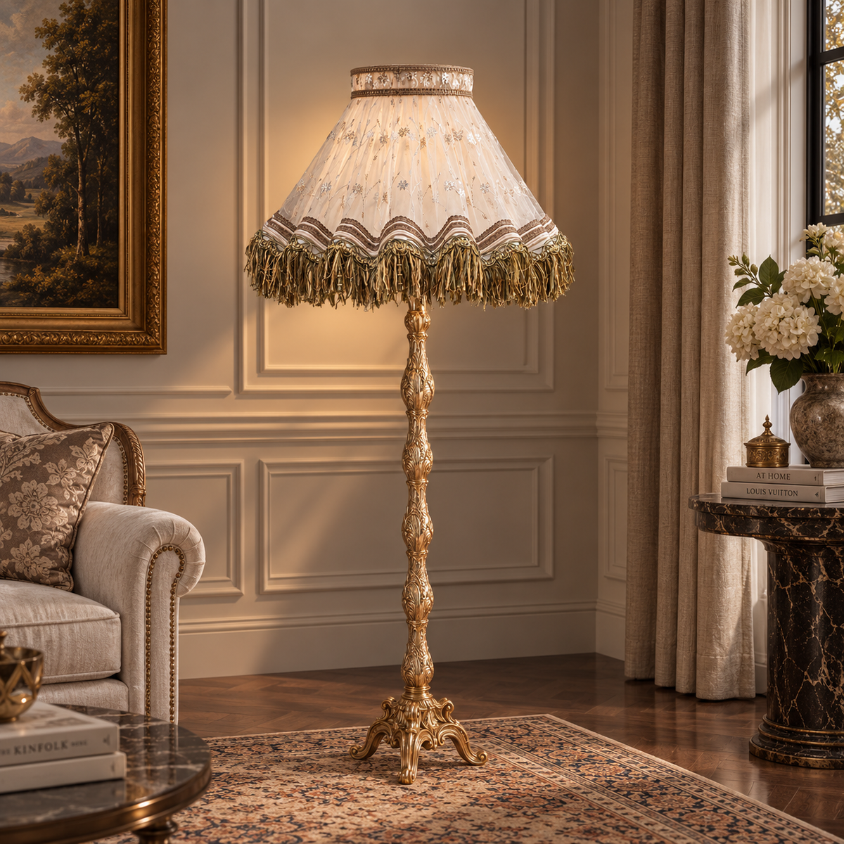 French-Style Gilded Floor Lamp – Ornate Gold Leaf Stand with Embroidered Fabric Shade & Fringe