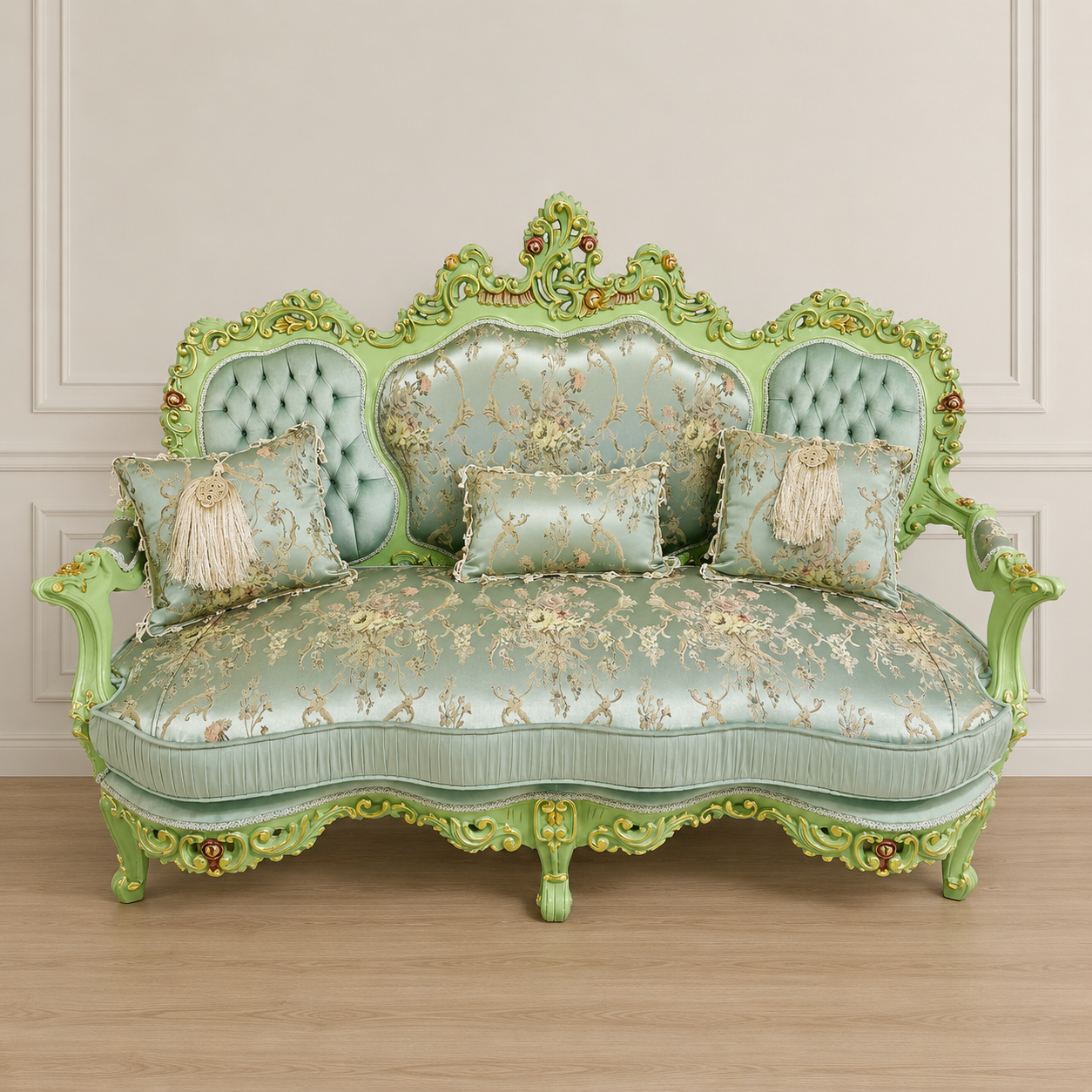 Rococo Mint Green Damask Sofa – Ornate 3-Seater Settee with Gold Leaf Carved Wood Frame