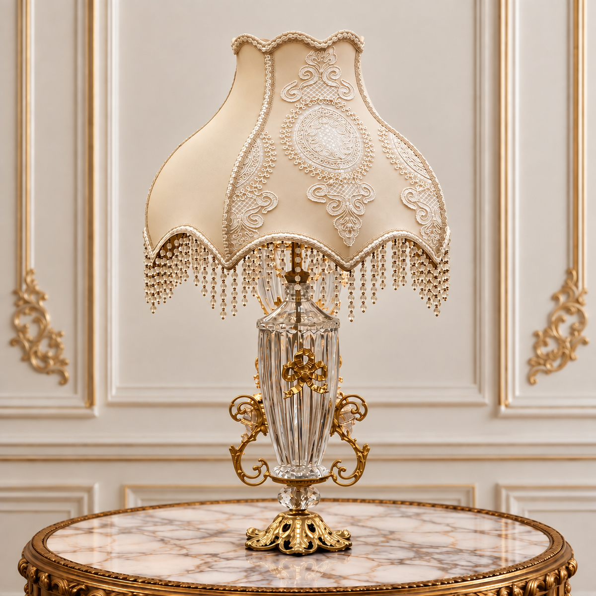 French-Inspired Crystal Table Lamp – Ornate Gilded Base with Elegant Beaded Fringe Shade