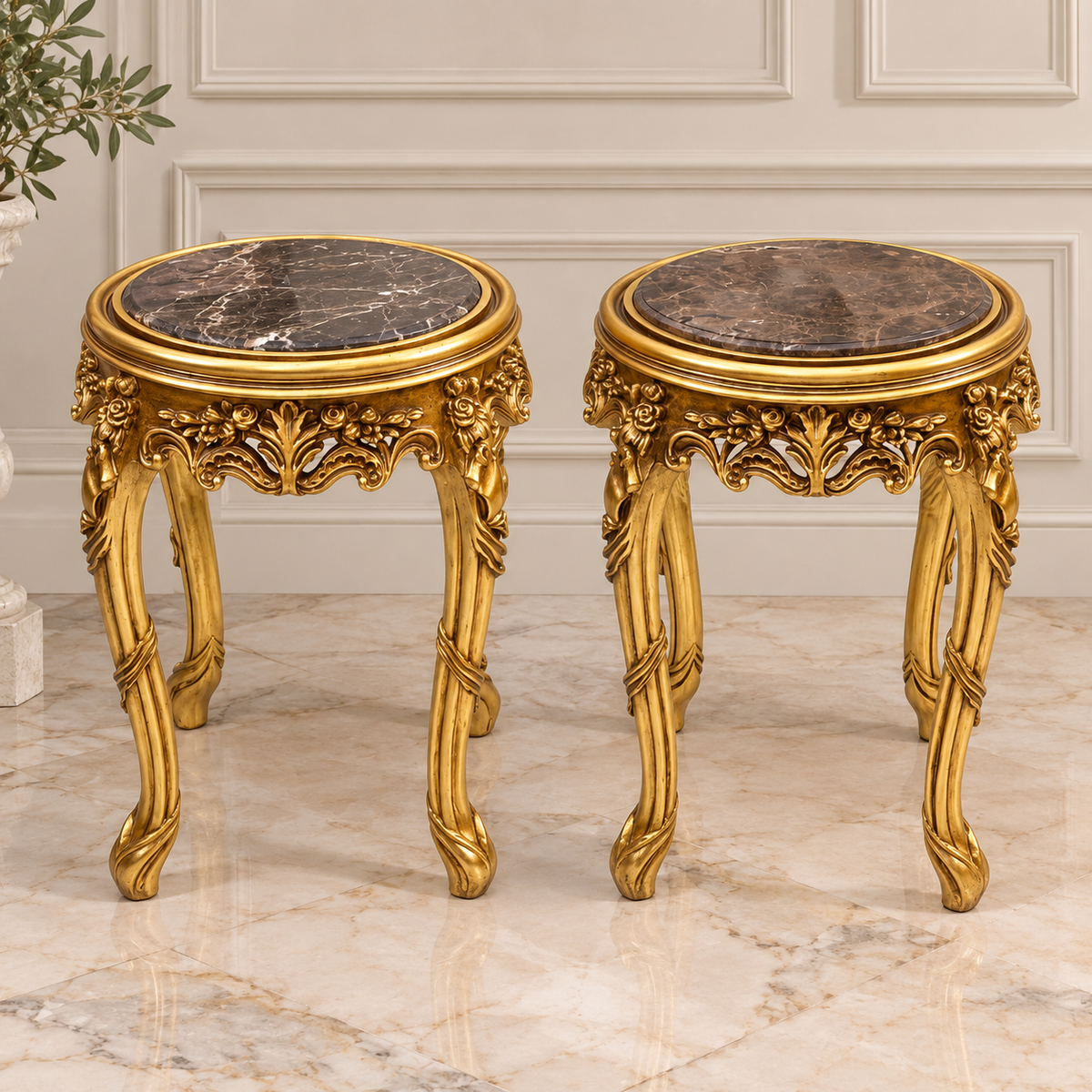 Italian-Style Accent Table – Black Marble Top with Ornate Gold Accents & Elegant Details