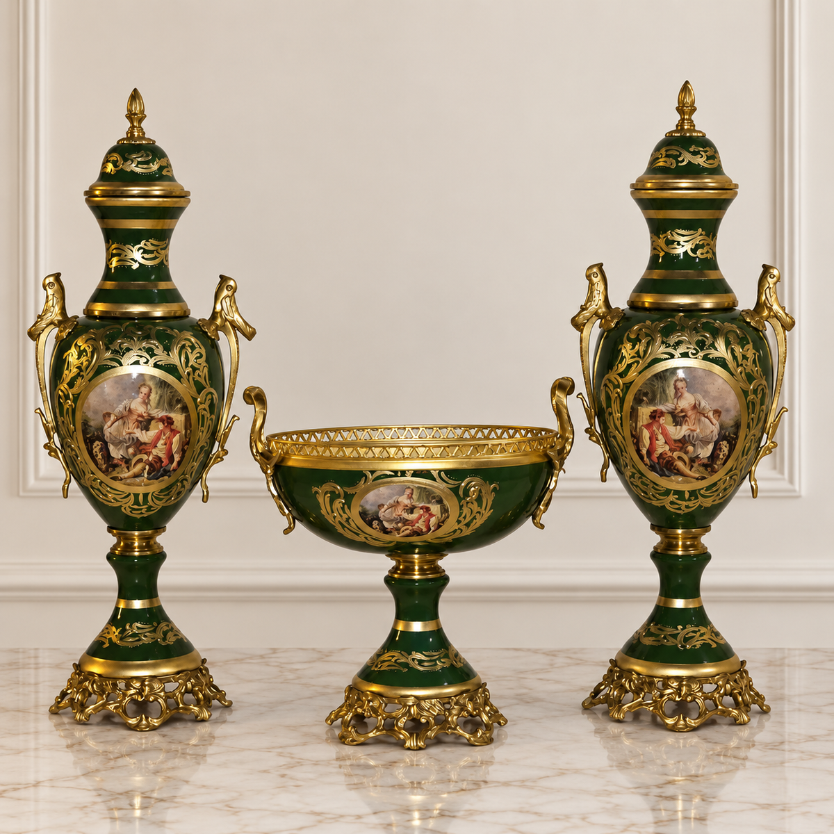 French Style Emerald Green Porcelain Garniture Set with Two Covered Vases and Central Jardinière – Gold Leaf & Bronze