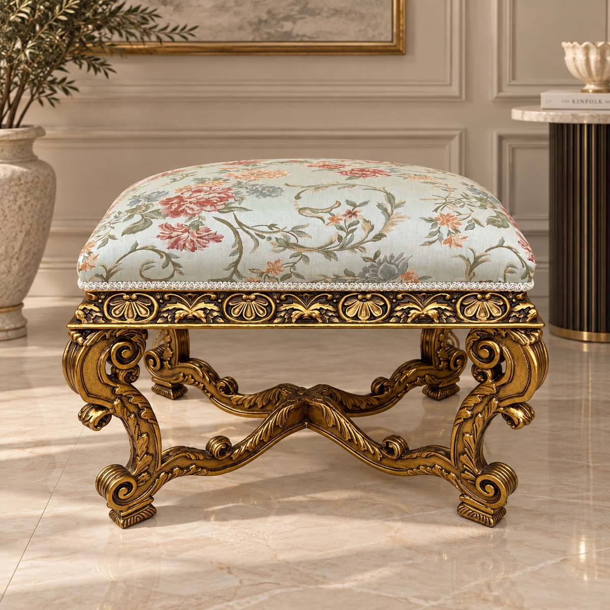 French Rococo Style Upholstered Bench – Gilded Carved Frame with Floral Tapestry Fabric