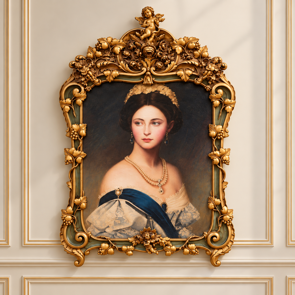 French Baroque-Style Round Portrait – Elegant Woman with Cherub Motifs & Ornate Gold Leaf Frame