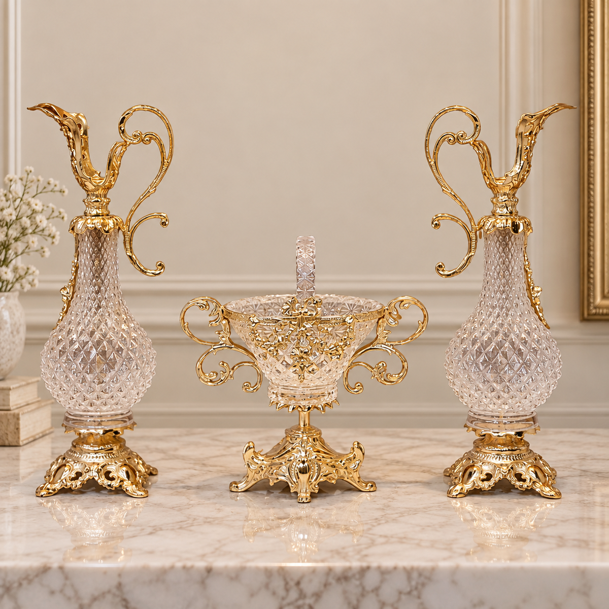 French-Style Crystal & Gold Leaf Decorative Set – 3-Piece Tabletop Collection with Ornate Gilded Details