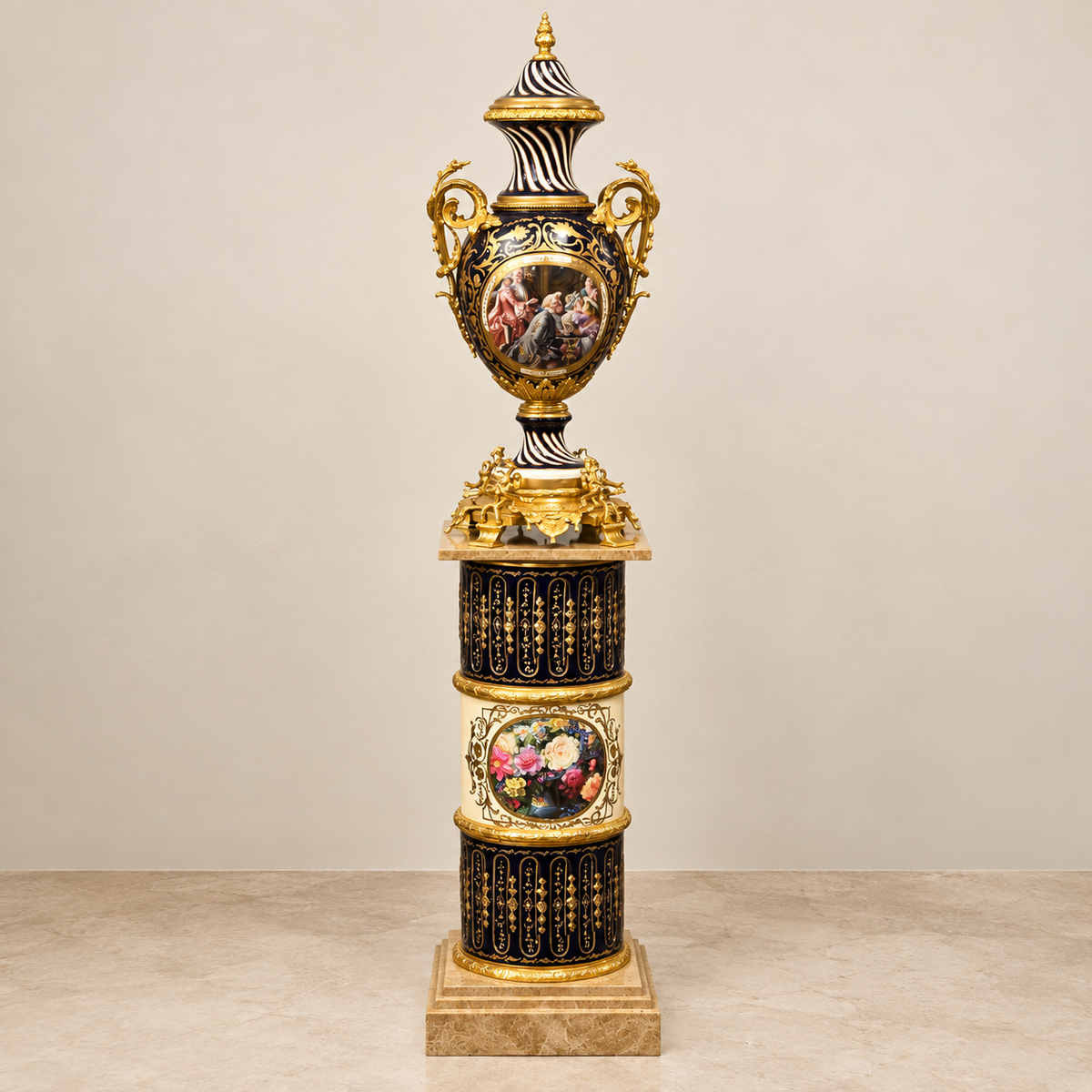 Opulent French-Style Black Porcelain Vase & Marble Pedestal – Gilded Bronze and Gold Leaf Details