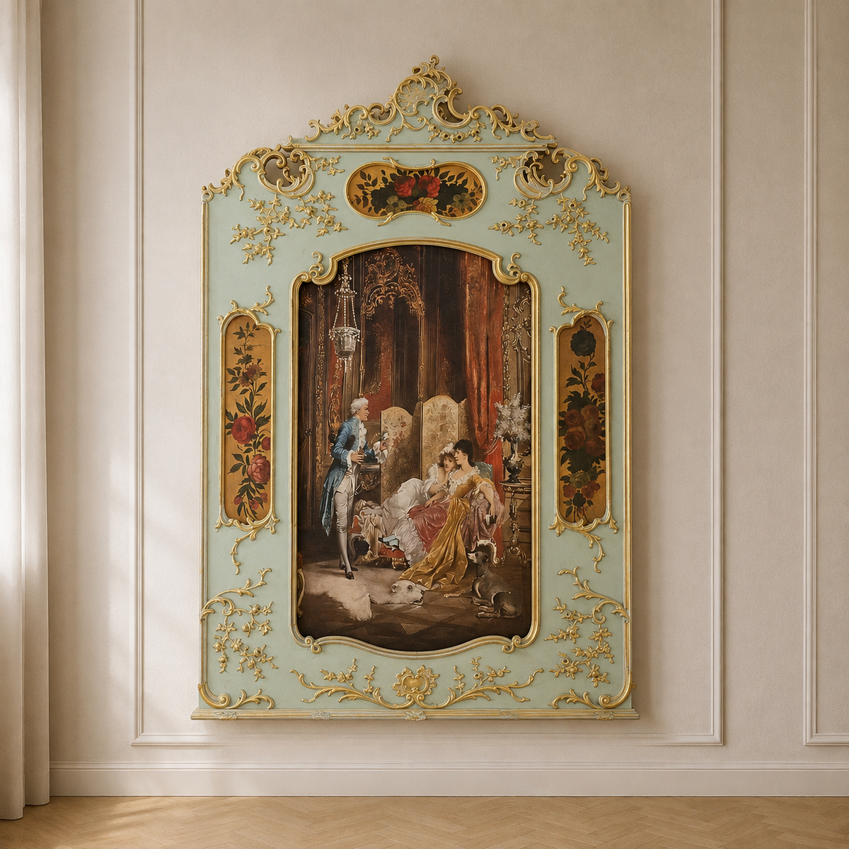 French-Style Decorative Wall Panel with Gold Leaf Frame – Romantic European Scene