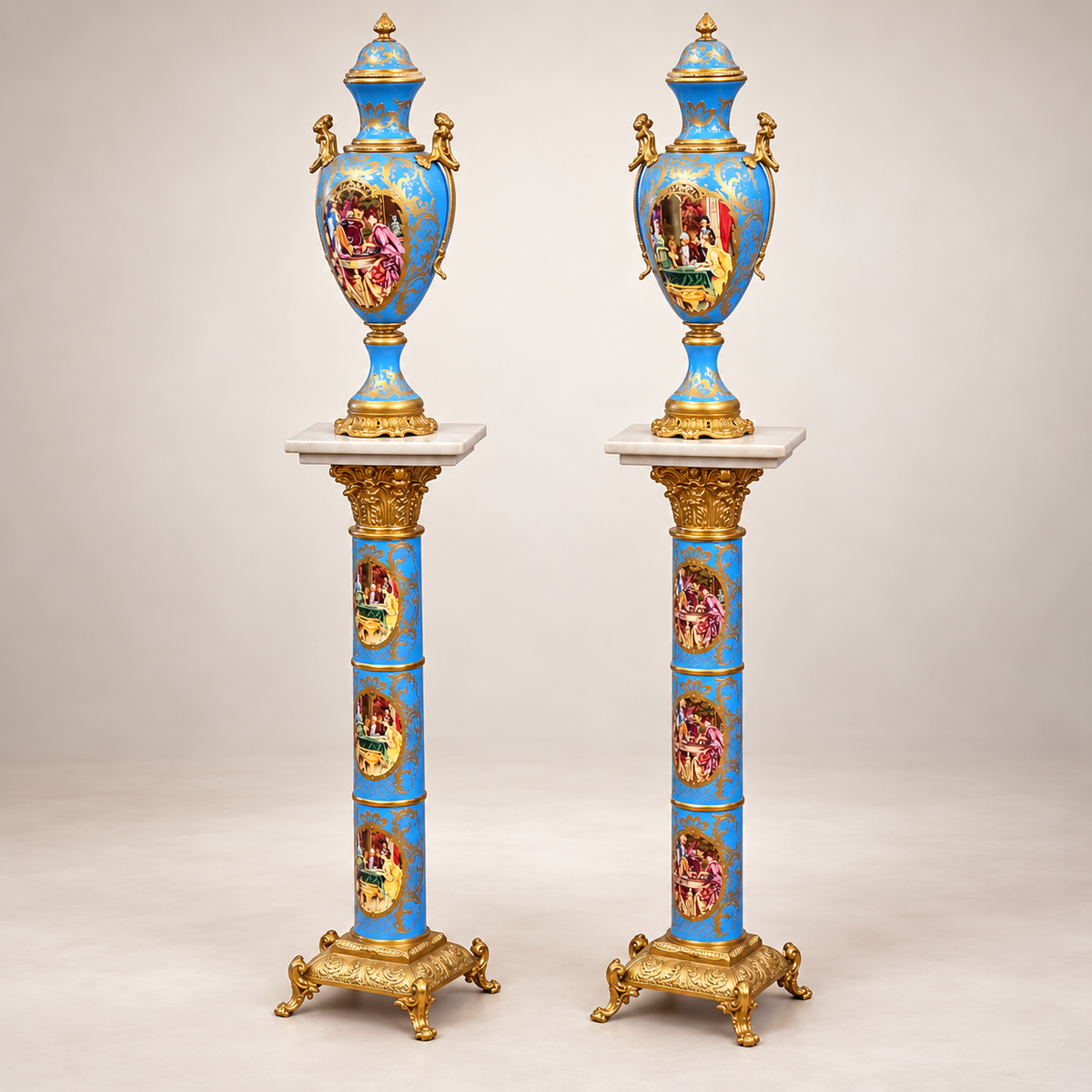 French-Style Blue & Peach Porcelain Vase – Romantic Scenic Artwork with Gilded Details