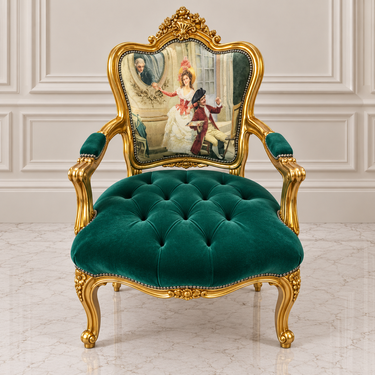 French-Style Green Velvet Armchair – Tufted Upholstery with Ornate Gold Leaf Frame