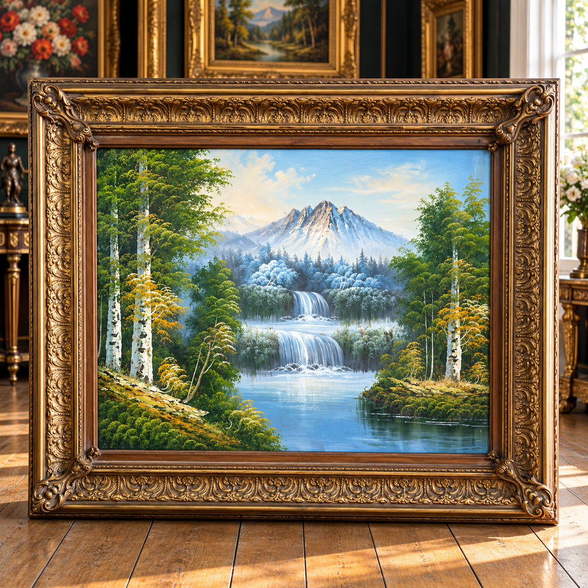 Mountain Waterfall Landscape Painting – Ornate Gold Leaf Frame with Forest & Alpine Scenery