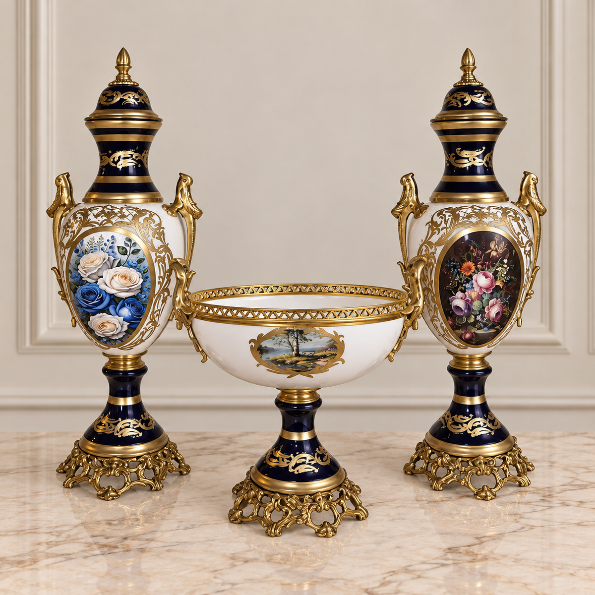 French Style Cobalt Blue & White Porcelain Garniture Set with Two Covered Vases and Central Jardinière – Gold Leaf & Bronze