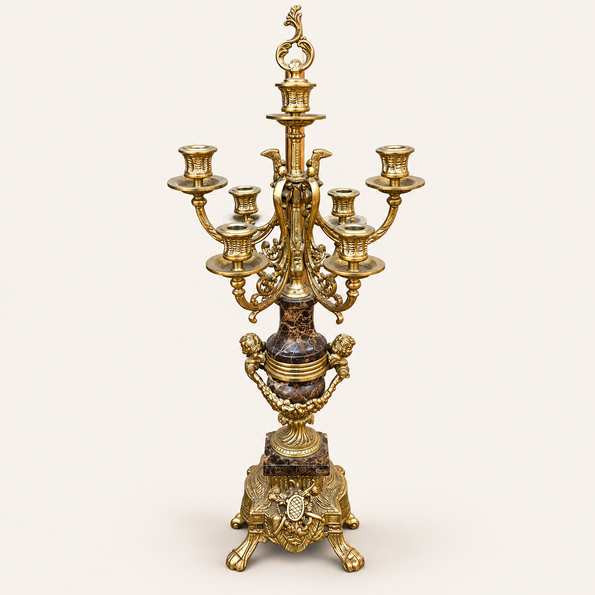 French-Style Gilded Candelabra – Ornate Gold Leaf & Marble Base with Sculptural Details