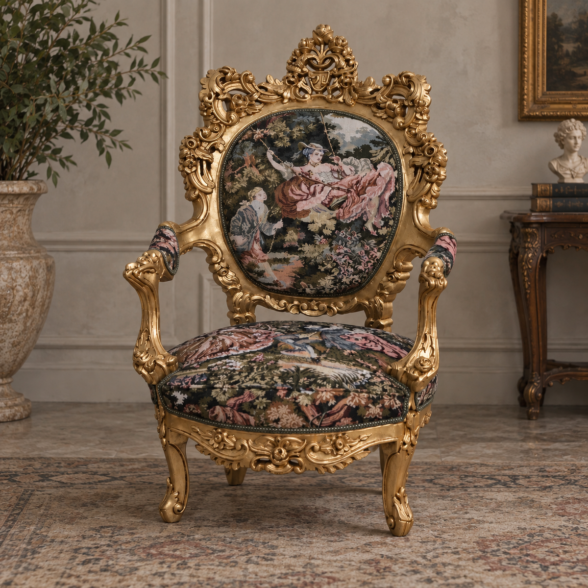 Opulent French Rococo Style Armchair – Gilded Carved Frame with Scenic Floral Tapestry Upholstery