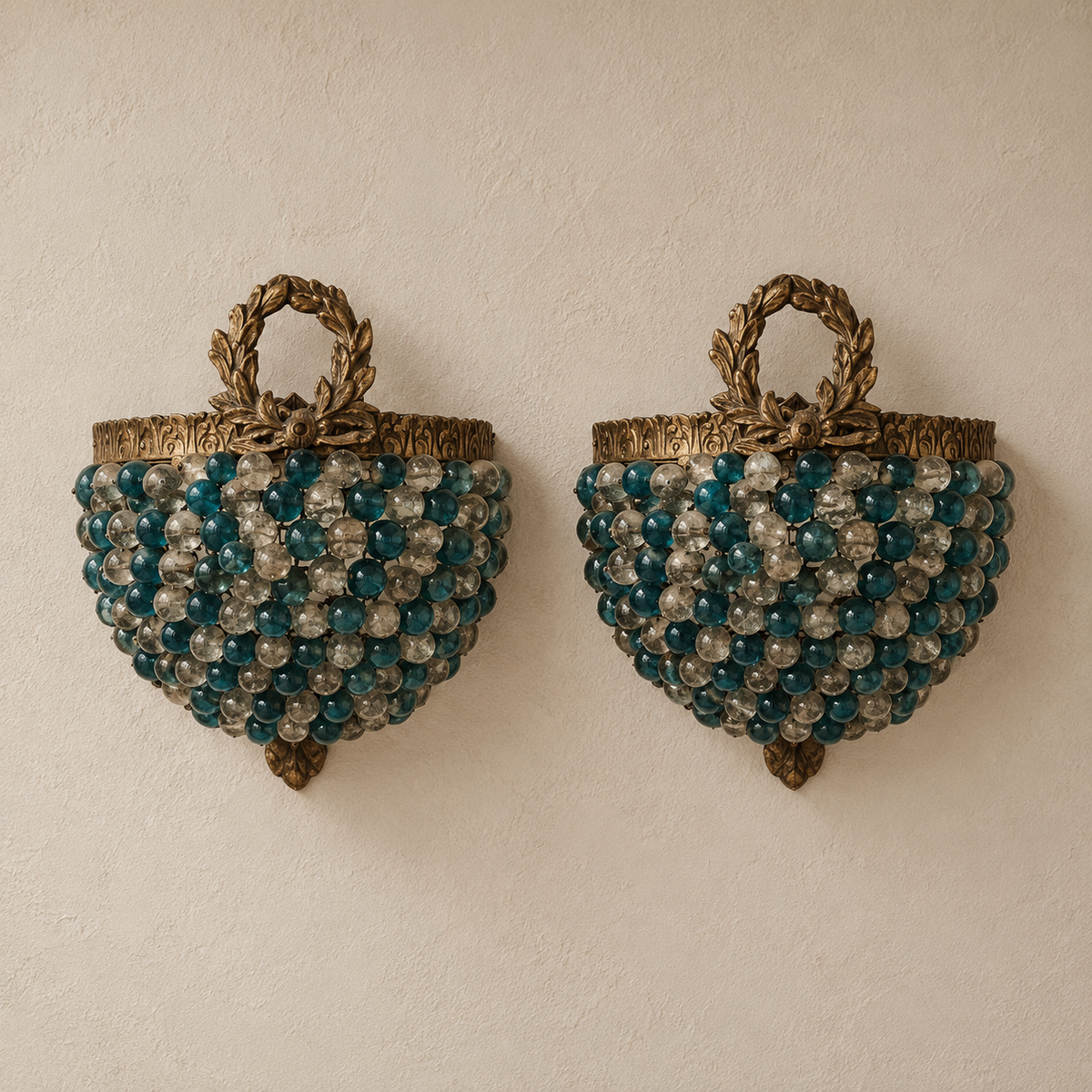 French-Style Petite Wall Sconces – Blue & Clear Beaded Design with Ornate Bronze Details | Set of 2