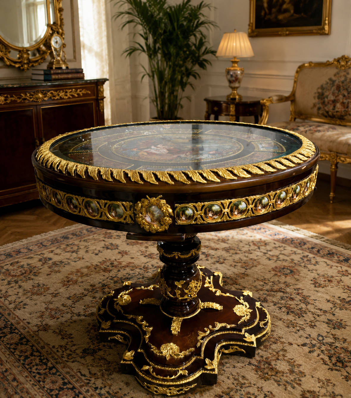 Grand French Rococo Round Dining Table – Ornate Gold Leaf Details & Decorative Hand-Painted Inlays