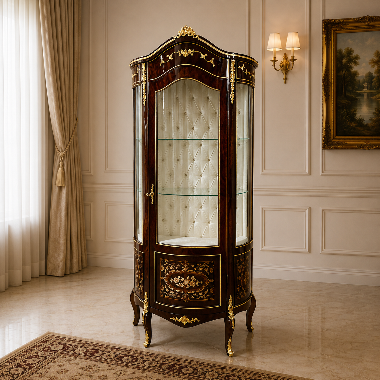 Grand French Louis XV Display Cabinet – Ornate Vitrine with Glass, Velvet Interior & Gold Leaf Details