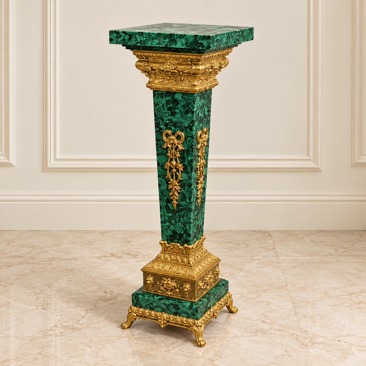 French-Style Green Marble Pedestal – Ornate Bronze & Gold Leaf Decorative Column Stand