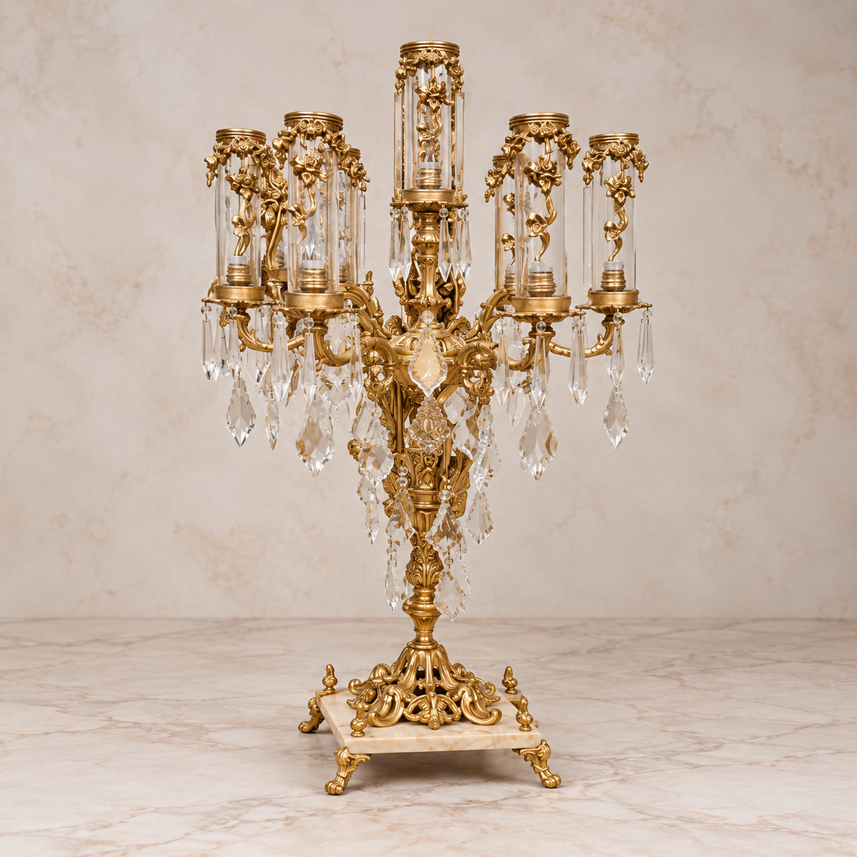 French-Style Crystal Candelabra – Medium Gilded Gold Leaf Centerpiece with Cascading Crystal Drops