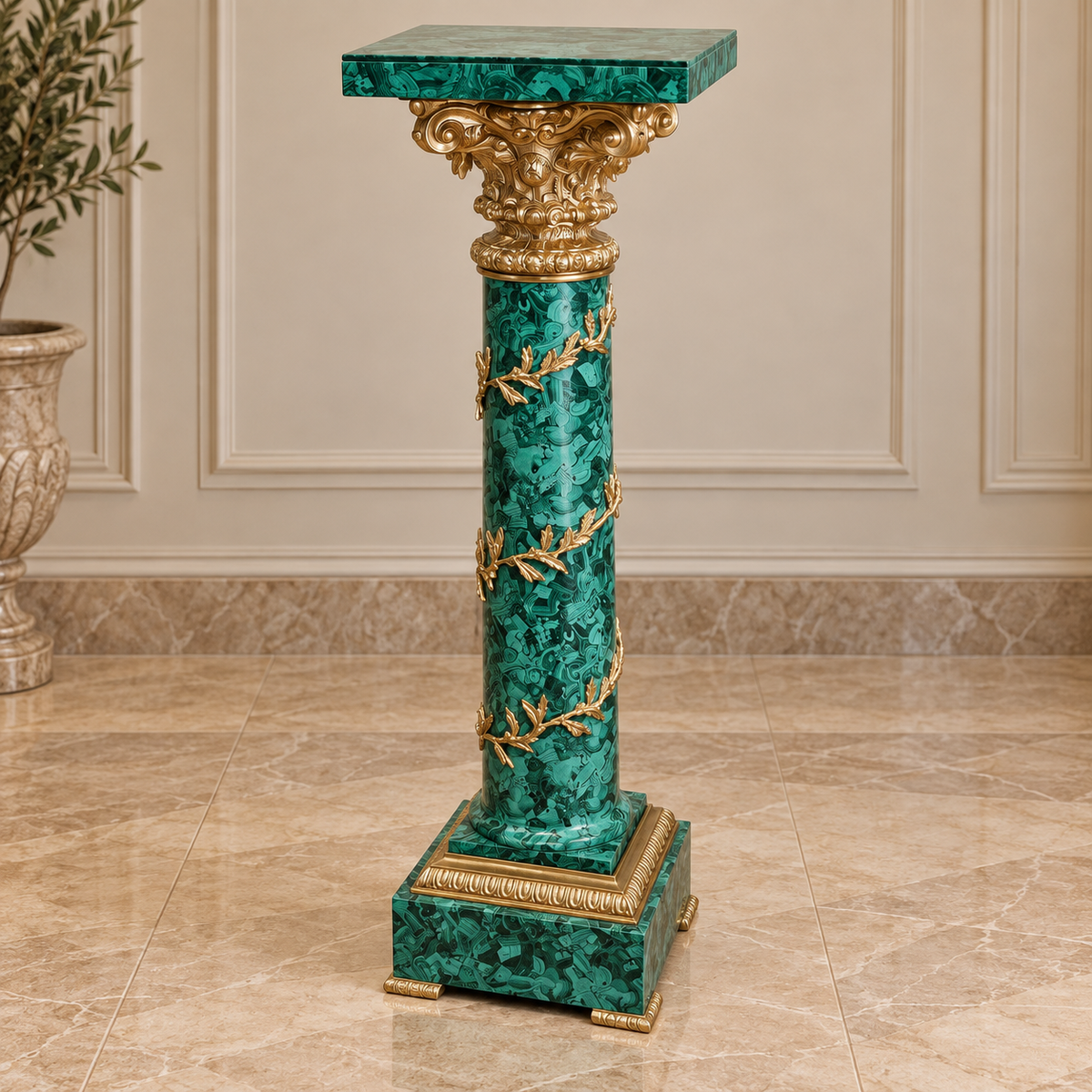 Ornate Rococo Green Pedestal – Marbleized Finish with Gold Leaf Accents & Decorative Display Top