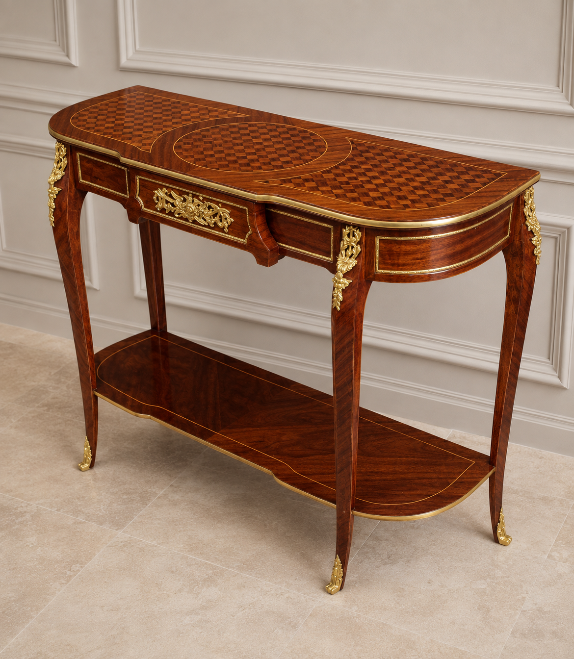 French Louis XVI Style Wood Console Table – Intricate Marquetry, Gold Leaf Details & Single Drawer