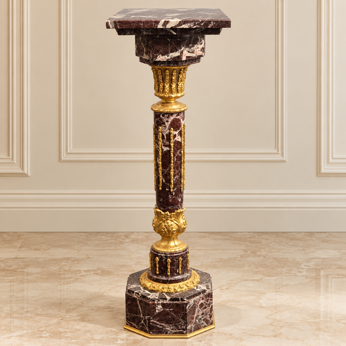 French Neoclassical Marble Pedestal – Brown & Black Marble with Gold Leaf and Bronze Details