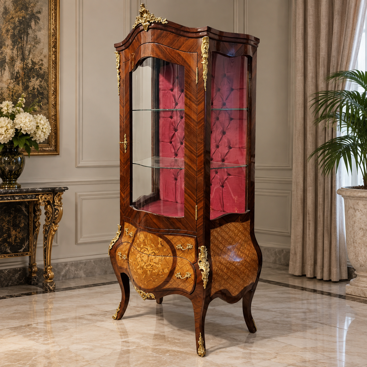 Grand French Louis XV Style Display Vitrine – Rich Wood Marquetry, Gilded Bronze & Tufted Interior