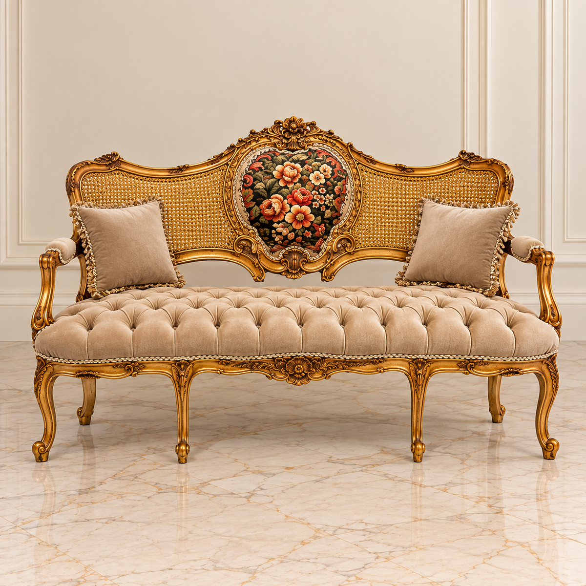 French Rococo Sofa – Beige Velvet Upholstery, Gilded Gold Leaf Frame & Floral Medallion