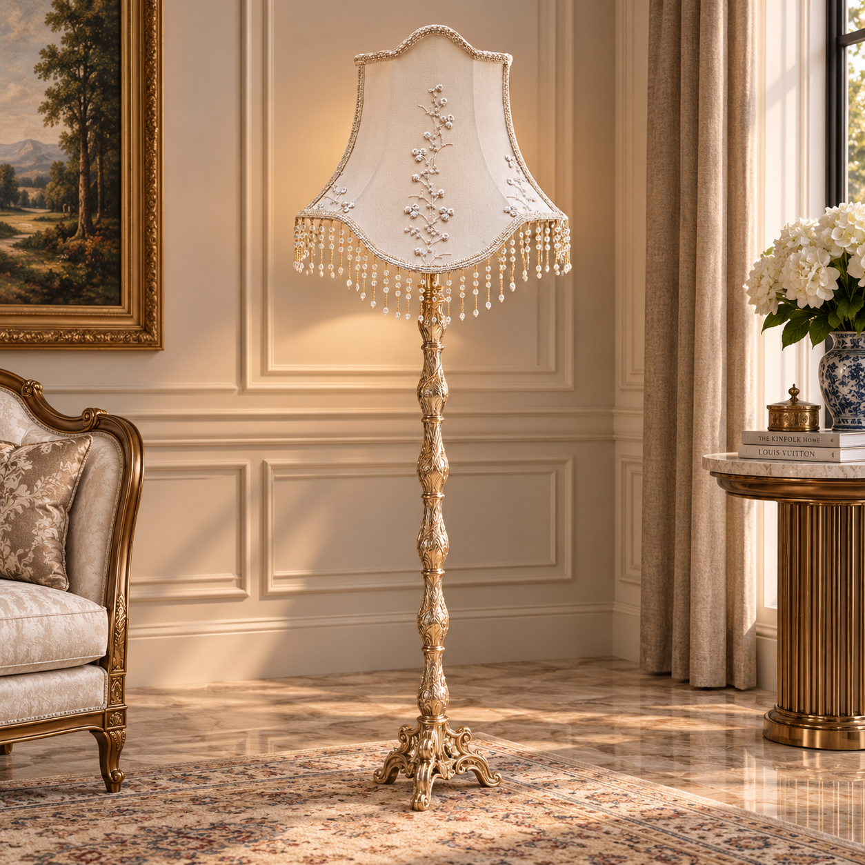 French-Style Gilded Floor Lamp – Gold Leaf Stand with Embroidered Ivory Shade & Crystal Fringe