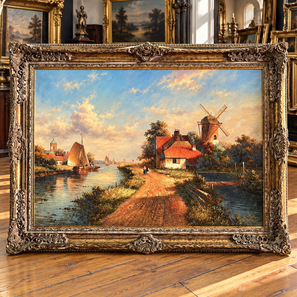 European Village Landscape Wall Art – Scenic Windmill Painting with Ornate Silver Leaf Wood Frame