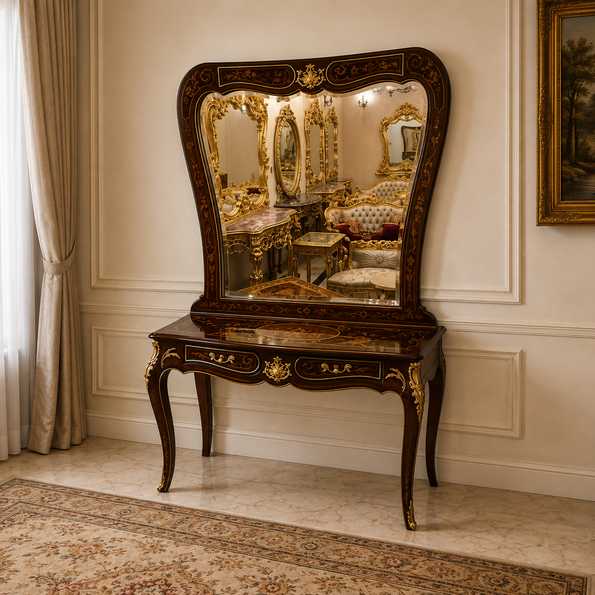 Luxury French Rococo Console Table with Oversized Ornate Mirror – Dark Wood, Gold Leaf & Decorative Inlay